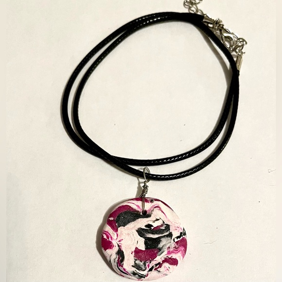 Handmade Clay Necklace One of a Kind Pink Black White - Picture 1 of 7